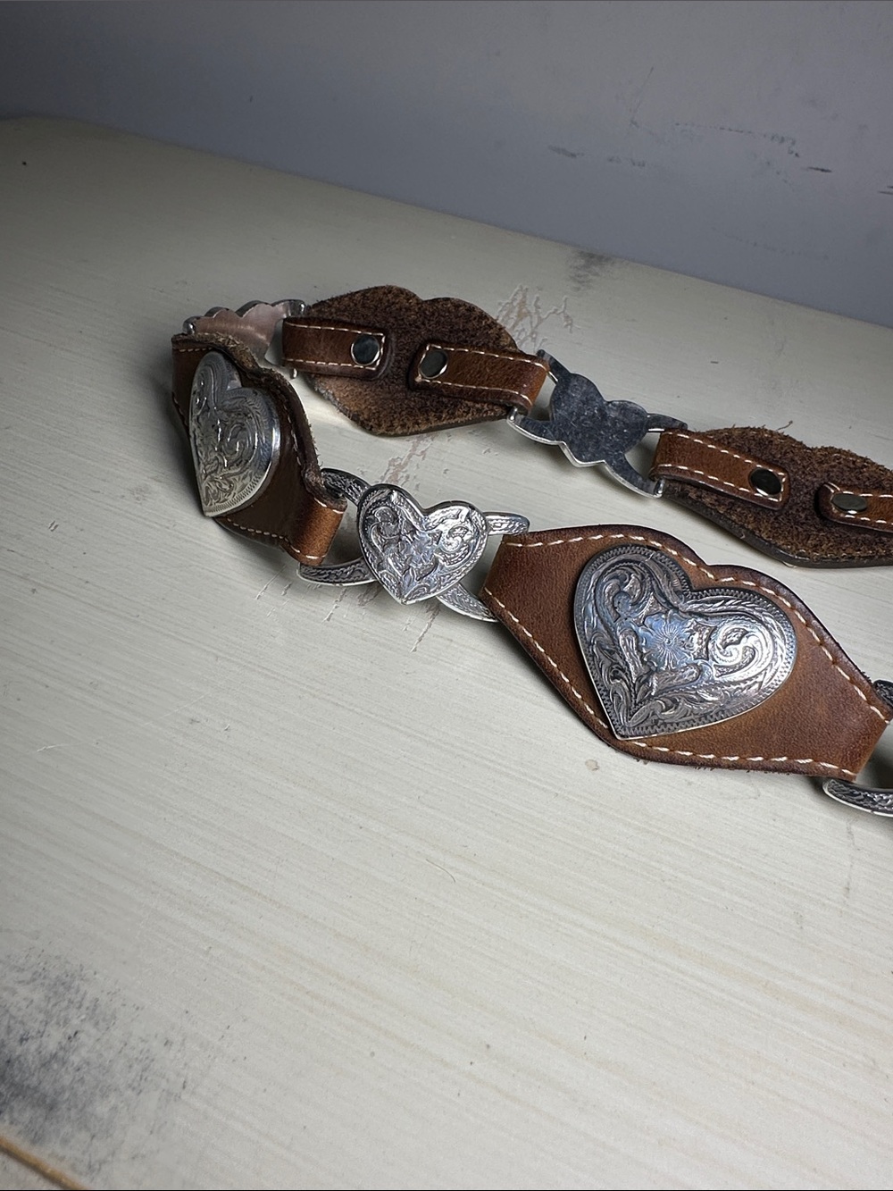 Tony Lama Brown Leather Western Belt with Silver Heart Conchos vintage USA - Picture 9 of 9